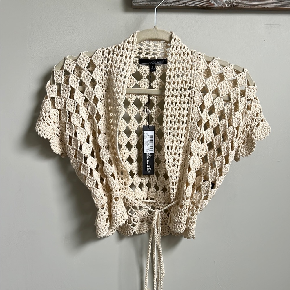 NWT Willi Smith Crochet Openwork Short-Sleeve Cardigan in Cream